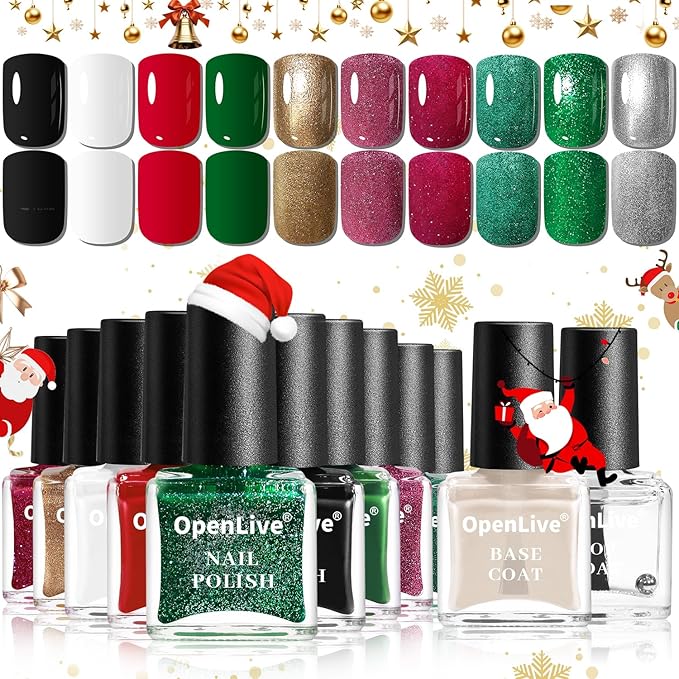 Christmas Nail Polish Set 10 Colors and Base Coat and Top Coat Red Green Glitter Gold Silver Nail Polish Kit Quick Dry Manicure Nail Art Manicure DIY Home Salon Gift for Women Girls