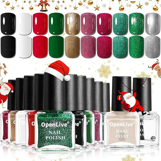 Christmas Nail Polish Set 10 Colors and Base Coat and Top Coat Red Green Glitter Gold Silver Nail Polish Kit Quick Dry Manicure Nail Art Manicure DIY Home Salon Gift for Women Girls
