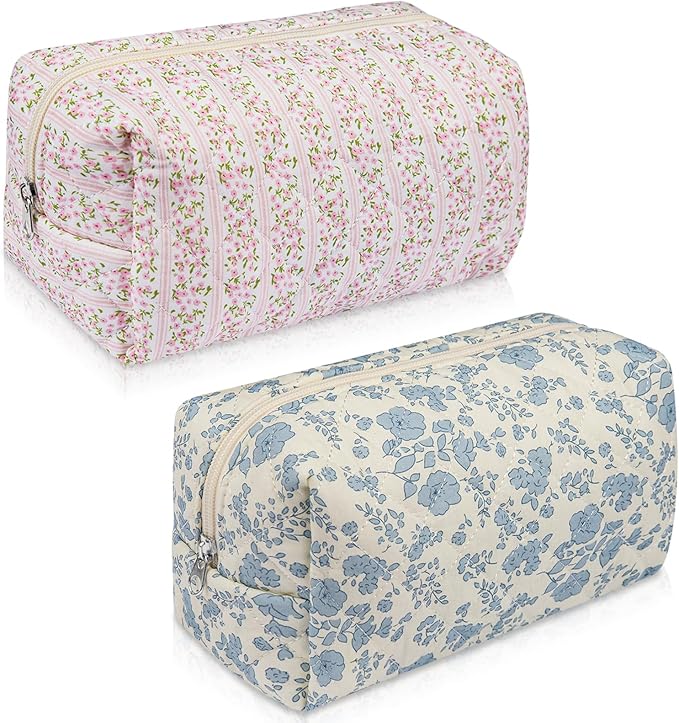 2 Pack Floral Makeup Bag, Cute Cosmetic Bag for Women Girls, Quilted Cotton Make up Pouch, Travel Makeup Bags, Portable Storage Toiletry Organizer Bag(Pink+Blue Floral)