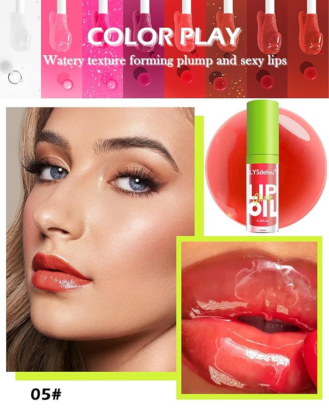 Lip Oil Lip Glaze-1Pcs Hydrating Red Lip Glow Oil,Shiny Transparent Tint Lip Gloss Plumping,Long Lasting Non-sticky Clear Glow Reviver Lip Care Oil, Christmas Makeup Gift for Women Girl-05#