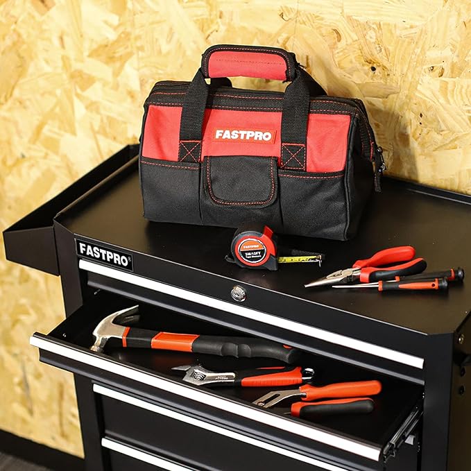 FASTPRO 220-Piece Home Tool Set, Household Repairing Tool Kit with 12-Inch Wide Mouth Open Storage Tool Bag, Red