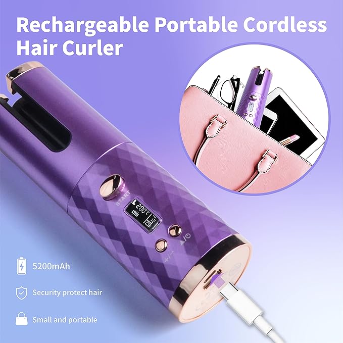 Automatic Curling Iron, Hair Curling Iron for Hair Styling, Cordless Auto Hair Curler, with 6 Temps and Timers, Auto Shut-Off, Fast Heating, Rechargeable Cordless Hair Curler 1 (Purple)
