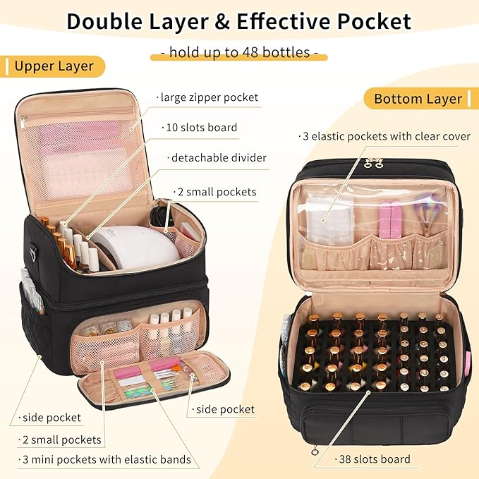 Nail Polish Organizer, Nail Organizers And Storage Bag Holds 48 Bottles & Full Size Nail Lamp, Double Layer Nail Tech Travel Case for Nail Supplies & Manicure Kit & Pedicure Tools (Black, 48 Slots)