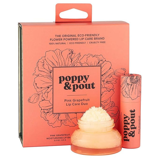 Poppy & Pout Lip Care Set | Lip Balm & Scrub | Sustainable Cardboard Tubes & Glass Jars, All Natural, Beeswax, Coconut Oil, Cruelty Free, Exfoliating & Moisturizing Lip Treatment (Pink Grapefruit)