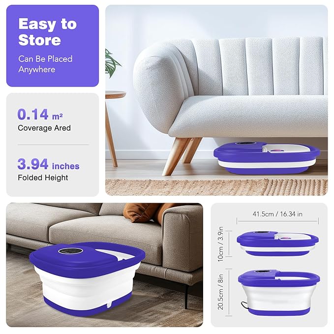 KNQZE Collapsible Foot Spa with Heat, Remote Control, Temperature Control, Bubbles, Pumice Stone, Red Light, Timer, 16 Massage Roller Pedicure Foot Bath Tub Foot Soaker for Feet Stress Relief, Purple