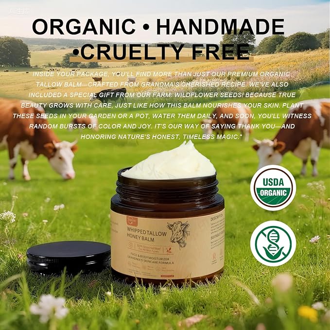 Beef Tallow for Skin, Beef Tallow Honey Balm-100% Organic Grass-Fed-handmade Whipped-Face & Body Moisturizer cream，with Manuka Wild Honey, Natural Skin Care for Sensitive, Dry Skin, Body Lotion. 2oz