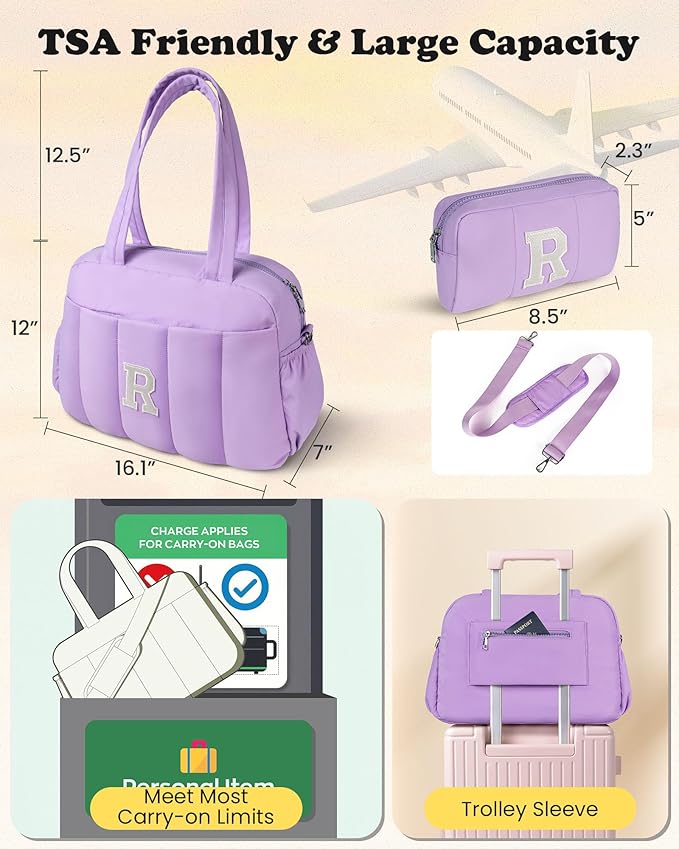 Teenager Girl Gift Ideas-Initial Duffle Bag, Carry On Bags for Women，Gifts for Girls-Overnight Bag with Wet Pocket，Lightweight Travel Bags Personalized Gym Tote with Makeup Pouch