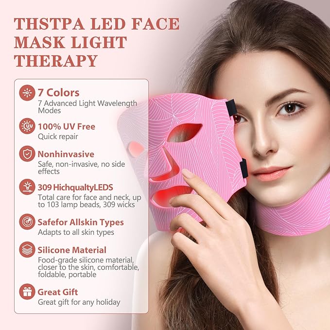 Led Face Mask Light Therapy,Red Light Therapy for Face and Neck,7 Colors LED Facial Skin Care Mask,5 Level Brightness Adjustment,309 LED Beads Can Be Used at Home,Pink