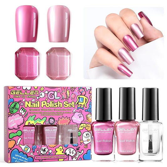 GELLEN Rose Pink Metallic Nail Polish with 3-in-1 Base Coat Top Coat Strengthener Polish, Chrome Mirror Dark/Light Pink Regular Nail Polish, Quick Dry Fingernail Laquer Set, Non Gel