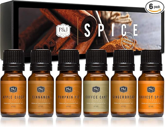 P&J Fragrance Oil Spice Set | Cinnamon, Harvest Spice, Apple Cider, Coffee Cake, Gingerbread, and Pumpkin Pie Candle Scents for Candle Making, Freshie, Soap Making Supplies, Diffuser Oil Scents