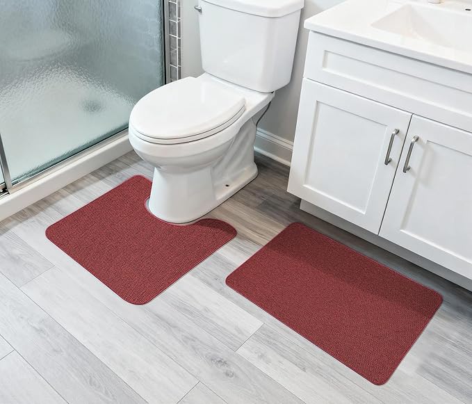 Christmas Bathroom Rugs Set 2 Pieces,Thin Bathroom Mats,Toilet Rugs,Quick Dry,Non-Slip,Machine Washable,Low Pile,Absorbent Bath Mats,Shower,Sink,Home Decor Accessories.Red,1'5"x2'3"+1'8"x2" U Shape