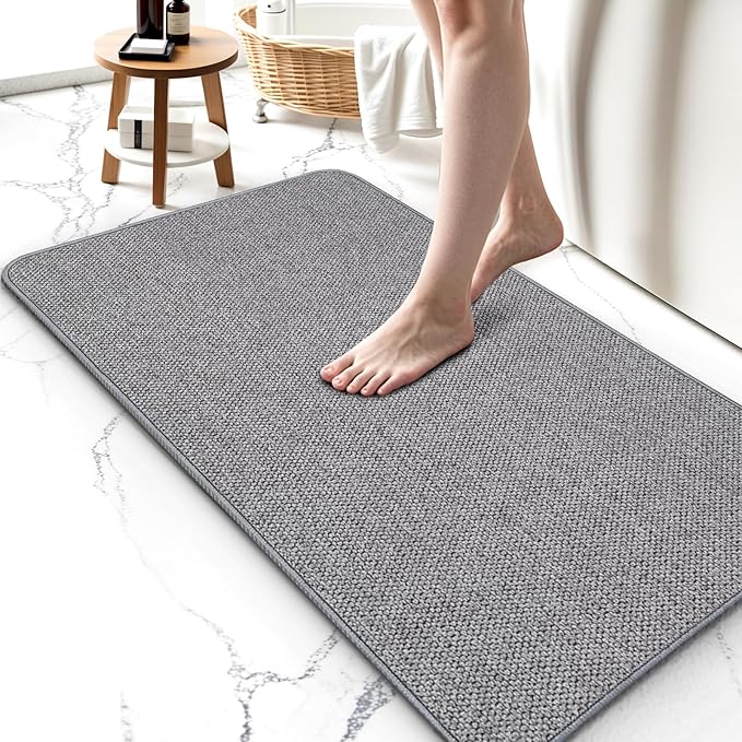 2 Pack Bathroom Rugs 17x27Inch, Thin Bath Mat with Rubber Backing Non-Slip, Absorbent,Quick Dry Machine Washable, Home Decor Accessories Cozy Cloth Bathroom Mat fit Under Door/Sink/Tub/Shower-Gray