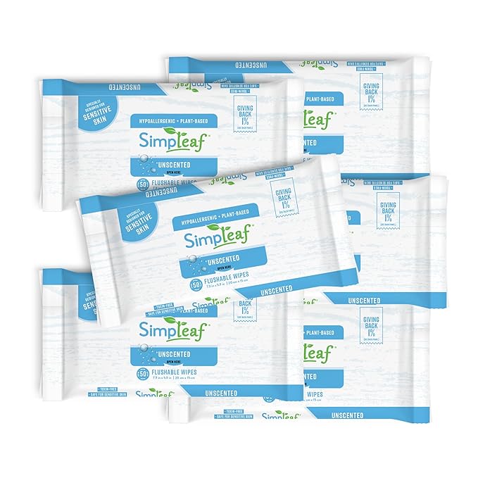 Simpleaf Flushable Wet Wipes Unscented | Plastic Free, Paraben & Alcohol Free | Hypoallergenic & Safe for Sensitive Skin | Soothing Aloe Formula | Adult Toilet Wipes (6 x 50 Counts Pack) 300 Counts