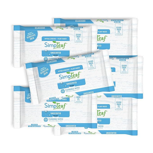 Simpleaf Flushable Wet Wipes Unscented | Plastic Free, Paraben & Alcohol Free | Hypoallergenic & Safe for Sensitive Skin | Soothing Aloe Formula | Adult Toilet Wipes (6 x 50 Counts Pack) 300 Counts