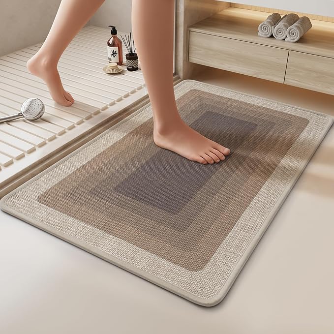 Non Slip Bath Mat Bathroom Rugs, Quick Dry Super Absorbent Washable Shower Bath Mats, Rubber Backing Ultra Thin Bathroom Rug Fit Under Door, Brown 24x36