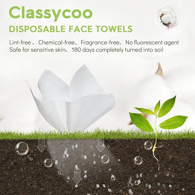 Classycoo 2 Pack Disposable Face Towel XL, 100% Cotton, Soft for Sensitive-Skin Facial Towelette Wipes Clean Towels, Odor-Free, Makeup Remover Cloths for Hand Dry Wipe