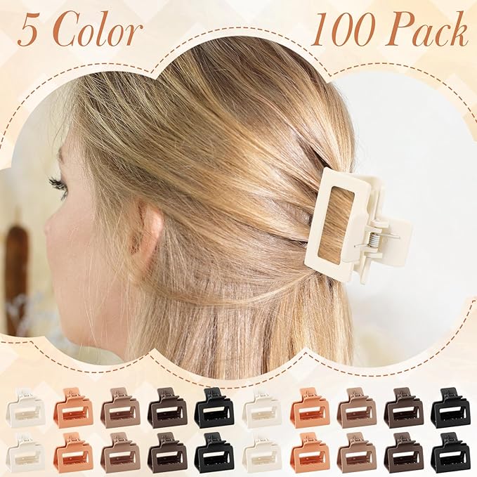 XunYee 100 Pcs Hair Claw Clips Bulk Large Square Jaw Headwear Clips Set for Women Nonslip Rectangle Hair Accessories Clip for Girl Women Gifts Beauty(2'',Classic Colors)