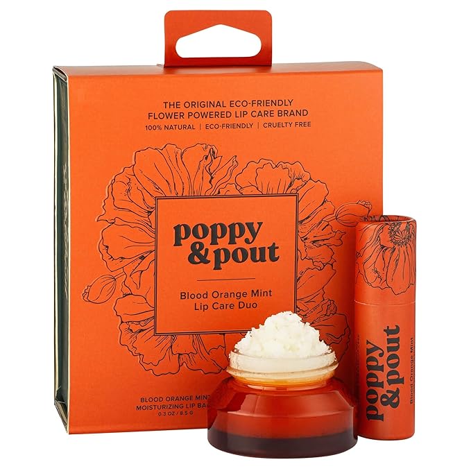 Poppy & Pout Lip Care Set | Lip Balm & Scrub | Sustainable Cardboard Tubes & Glass Jars, All Natural, Beeswax, Coconut Oil, Cruelty Free, Exfoliating & Moisturizing Lip Treatment (Blood Orange Mint)