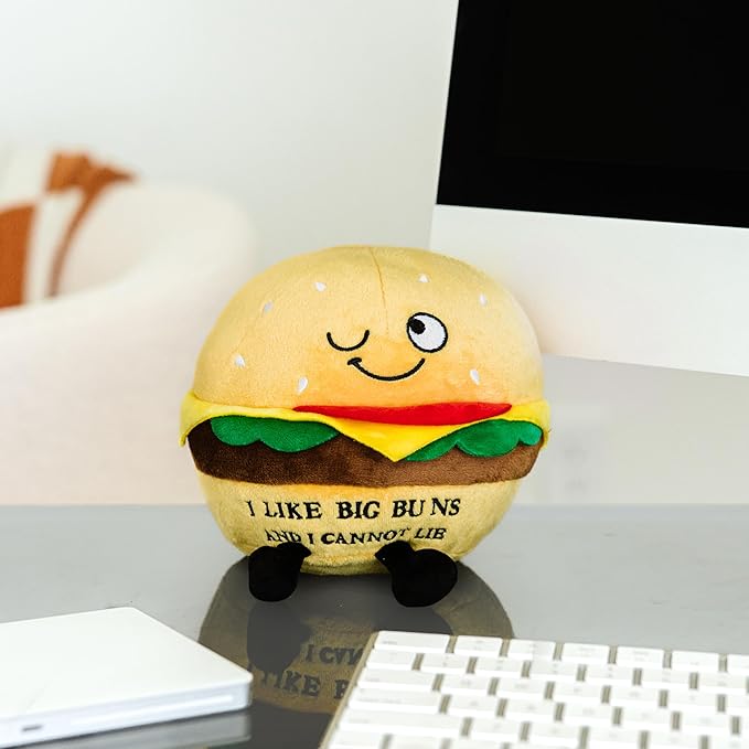 Punchkins Hamburger Plushie - I Like Big Buns and I Cannot Lie Funny Hamburger Plush, Gift for Grillers, Food Plush Toy for Gifting