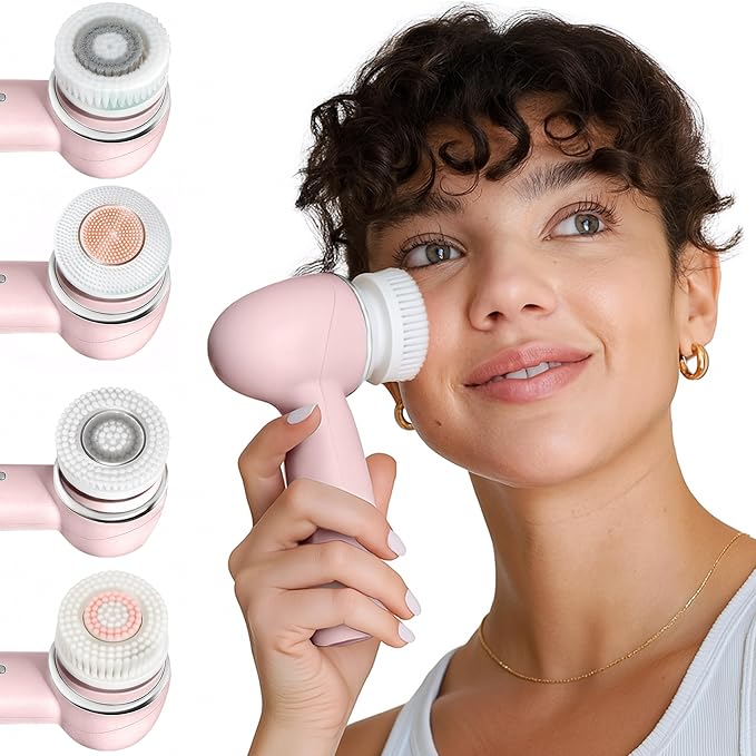 Vanity Planet Raedia 2.0 Facial Cleansing Brush, 4 Interchangeable Brush Heads, Pink - Daily Cleansing Face Exfoliator for Glowing & Acne Prone Skin - Lightweight Silicone Water-Resistant Body Brush