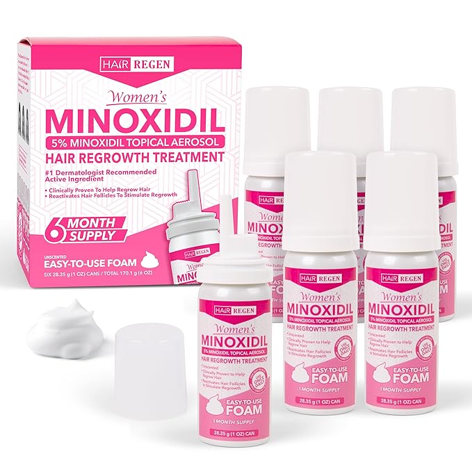 Minoxidil Foam for Women 5% Percent - Women's Hair Growth Treatment for Her - Topical Foaming Minoxidil for Women - Great for Hair Regrowth and Reduce Hair Loss - 6 Pack as 6 Month Supply