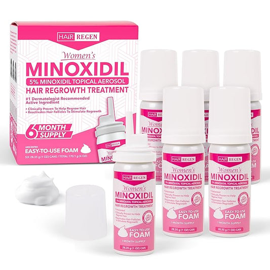 Minoxidil Foam for Women 5% Percent - Women's Hair Growth Treatment for Her - Topical Foaming Minoxidil for Women - Great for Hair Regrowth and Reduce Hair Loss - 6 Pack as 6 Month Supply