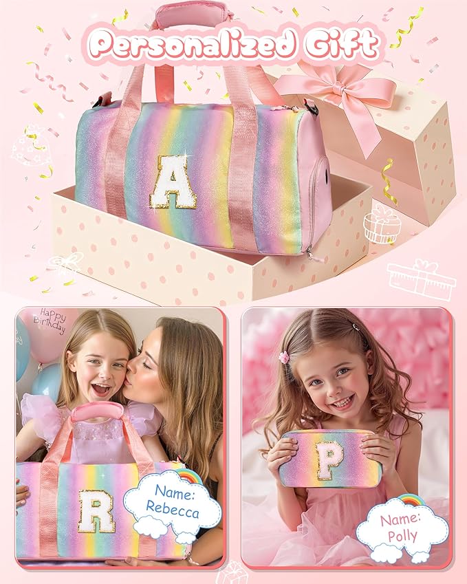7 Year Old Girl Gifts-Girl Gym Bag with Shoe Compartment, Kid Personalized Weekender Overnight Bags, Initial Travel Tote with Makeup Pouch, Girls Kids Gift (Letter V)