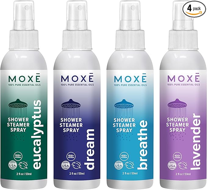 MOXE Aromatherapy Shower Mist Variety Pack, Eucalyptus, Lavender, Breathe and Dream, Spa Steam Spray, Natural 100% Essential Oils, Made in USA, Aromatherapy, Sinus Congestion Relief, 4 Pack (8oz)