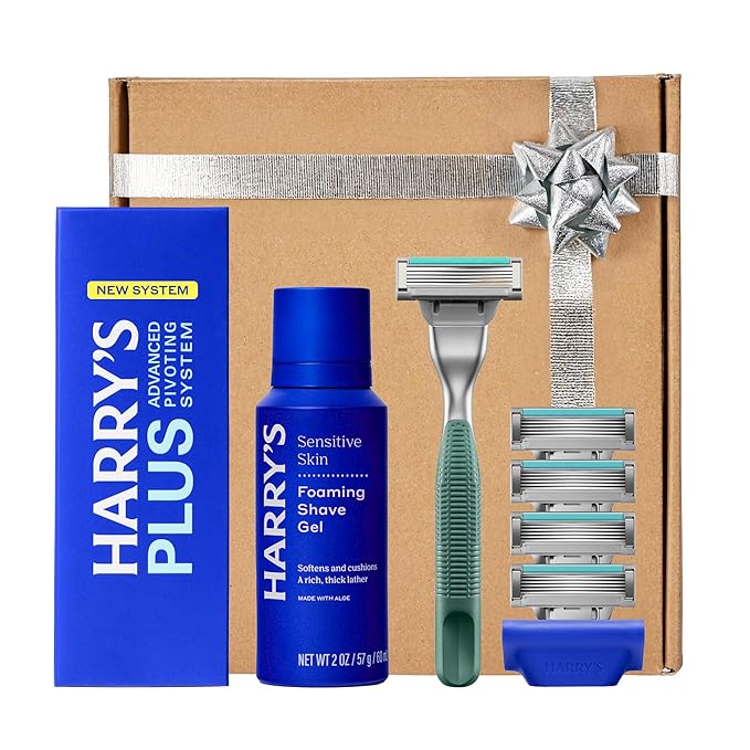 HARRY'S PLUS: Shaving Kit for Men – Gift Box with Premium Handle, 5 Razor Blade Cartridges, 2 oz Foaming Shave Gel & Travel Cover, Advanced Pivoting System – Moss