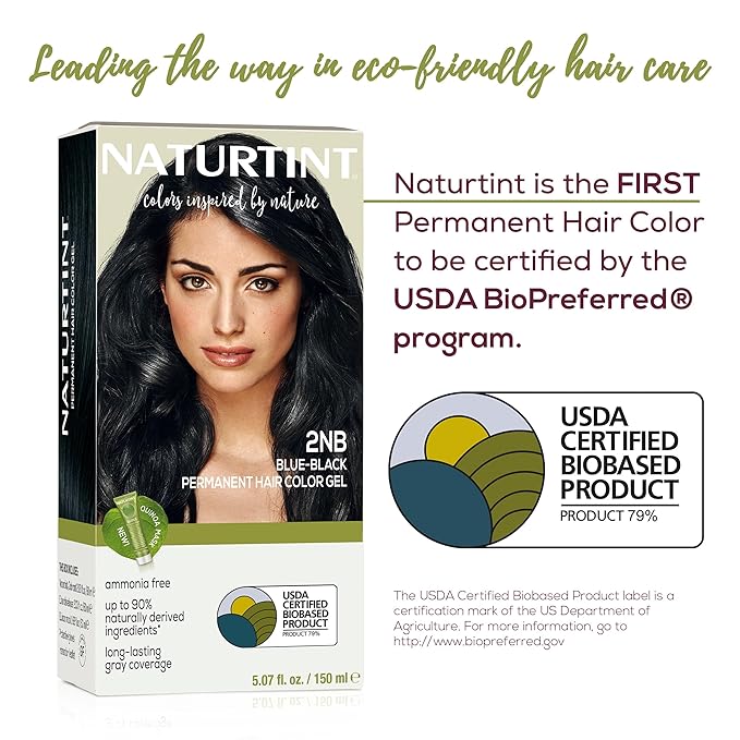 Naturtint 2NB Blue Black Permanent Hair Color (Pack of 1), Ammonia Free, Vegan, Cruelty Free, up to 100% Gray Coverage, Long Lasting Results (Packaging may vary)