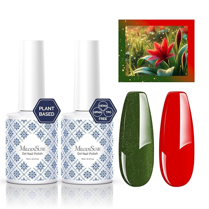 MelodySusie Fleurwee Plant Based Gel Nail Polish, 2 Pcs Hema Free Gel Polish, Red and Green Christmas Nail Polish 21 Non Toxic Long Lasting Nail Art Salon DIY Manicure at Home Gift for Women