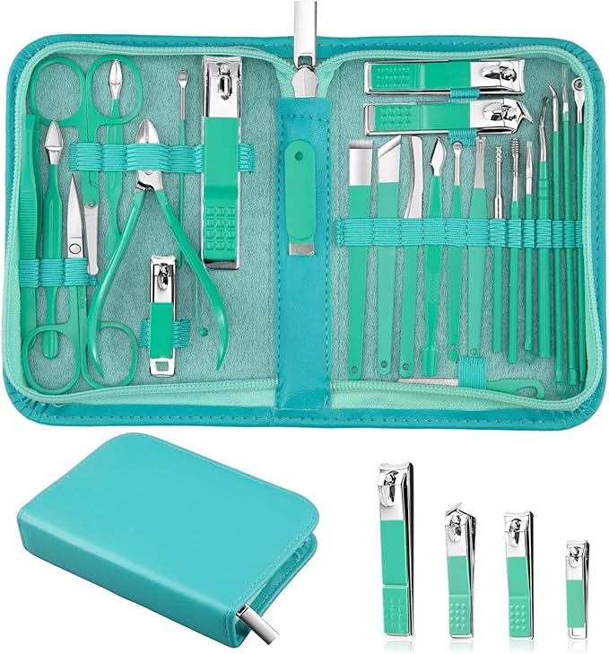 Manicure Set Professional Nail Clipper Kit-26 Pieces Stainless Steel Manicure Kit,Nail Care Tools with Luxurious Travel Case (Green)