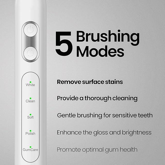 YUNCHI Sonic Electric Toothbrush for Adults Teens, Rechargeable Battery Toothbrush with 8 Brush Heads, 90 Days, 44000 VPM Powerful Motor, 5 Models & 2 Minutes Built in Smart Timer, Travel Case,White