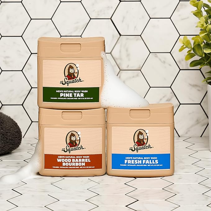 Dr. Squatch NEW Body Wash for Men with Nourishing, Natural Ingredients | No Paraben, Phthalate, Sulfate | All Day Moisturization | Pine Tar, Wood Barrel Bourbon & Fresh Falls (8 oz, 3-Pack)