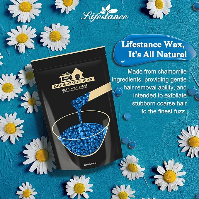 Hard Wax Beads, Lifestance 1lb Waxing Beads, Brazilian Bikini Wax,Hard Wax Hair Removal for Face, Body, Legs, Pearl Beads for Wax Warmers (blue)