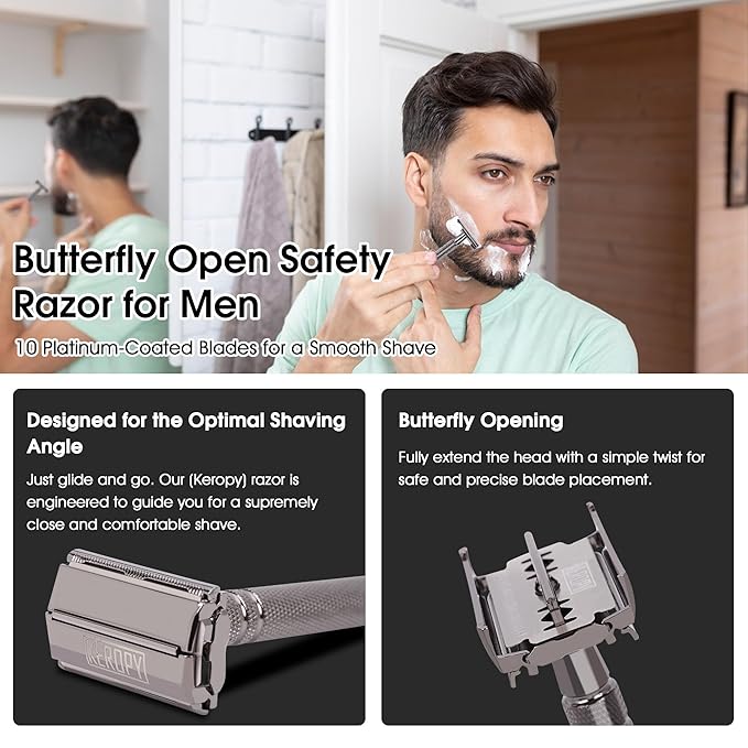 Double Edge Safety Razor for Men with 10 Blades - Christmas Stocking Stuffers for Men, Dad, Husband - Unique Holiday Gifts, Eco-Friendly Butterfly Open Razor for a Close Shave - Gloss Black