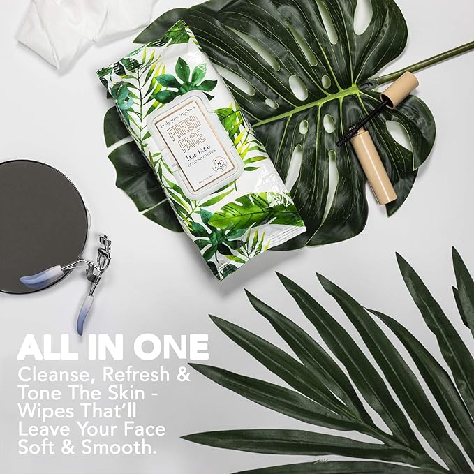 Body Prescriptions Tea Tree Facial Wipes, Moisturizing, Deep Cleansing Face Towelettes, Refreshing + Nourishing, Gentle Cleansing Cloths, 50 Count (Pack of 1), Tea-Tree