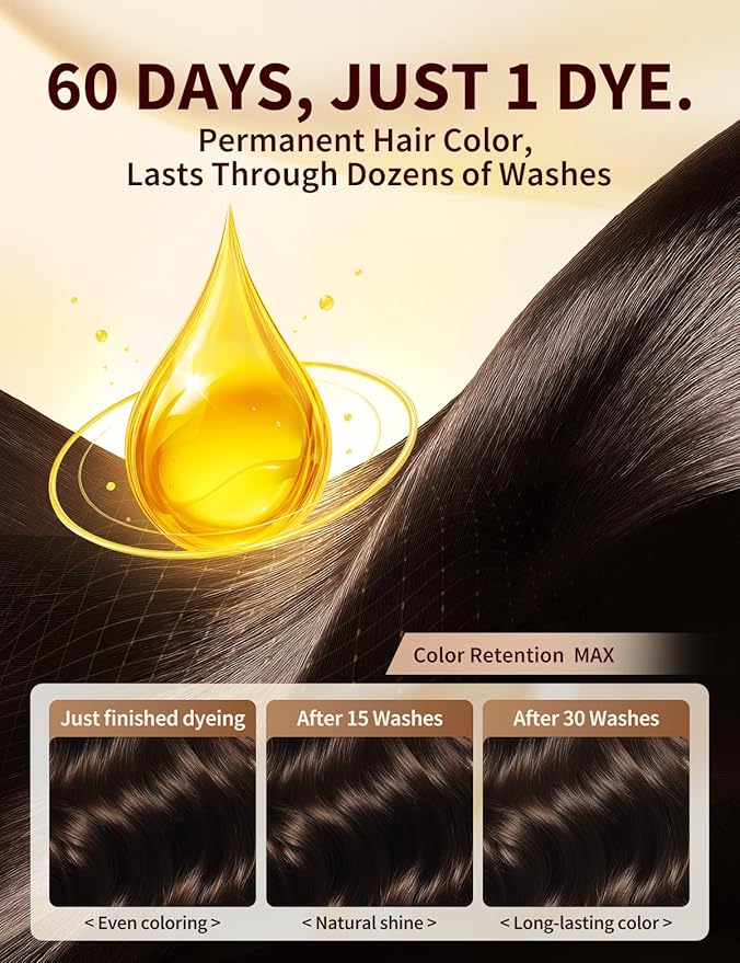 Dark Brown Hair Dye Shampoo, 3-in-1 Hair Color, Permanent, Unisex, 100% Gray Coverage, Seamless Root Blend, Last More than 60 Days, 5 Plant Extracts, Frizz-Free, with Dye Tools, 500ml