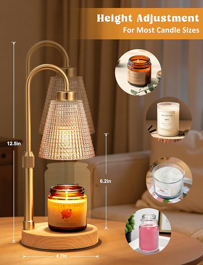 Innqoo Wood Color& Amber Candle Warmer Lamp with Timer, Dimmable Candle Warmer for Jar Candles, Height Adjustable Wax Melts Warmer, Birthday Gifts for Women Mom, House Warming Gifts New Home Decor