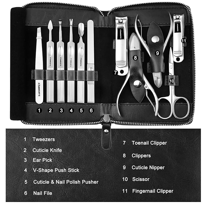 Manicure Kit, FAMILIFE Professional Manicure Set Nail Kit, 11 in 1 Stainless Steel Nail Clippers Set, with Portable Black Leather Travel Case Luxury Gifts for Him