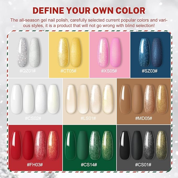 COSCELIA Christmas Gel Nail Polish kit with U V Light Starter Kit 10 Colors Gel Polish Top Base Coat Glitter Decorations Nail Art Gel Manicure Kit DIY Gifts for Women Teens