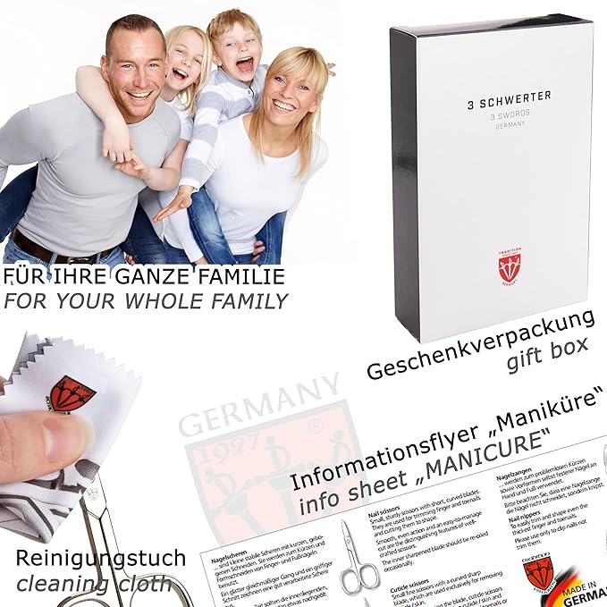 3 Swords Germany - brand quality 3 piece manicure pedicure grooming kit set for professional finger & toe nail care scissors tool genuine leather case in gift box, Made in Solingen Germany