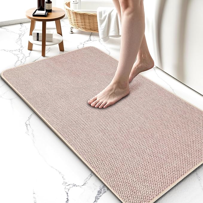 2 Pack Bathroom Rugs 17x27Inch, Thin Bath Mat with Rubber Backing Non-Slip, Absorbent,Quick Dry Machine Washable, Home Decor Accessories Cozy Cloth Bathroom Mat fit Under Door/Sink/Tub/Shower-Biege