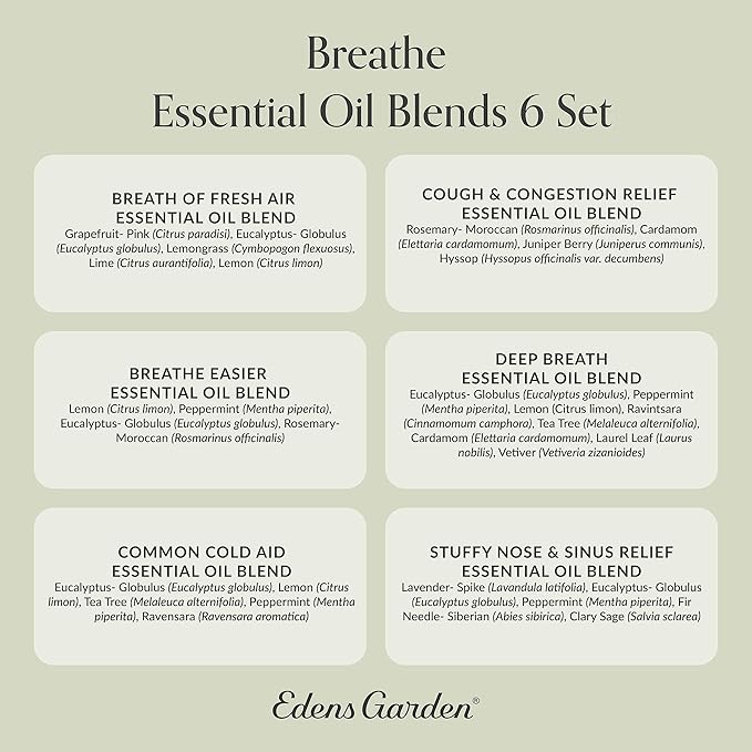 Edens Garden Essential Oils Breathe 6 Set – 100% Pure Therapeutic Grade, Natural Aromatherapy Blends for Sinus Relief, Stuffy Nose & Respiratory Support – Undiluted for Diffusers, 10 ml/ 6 Pack