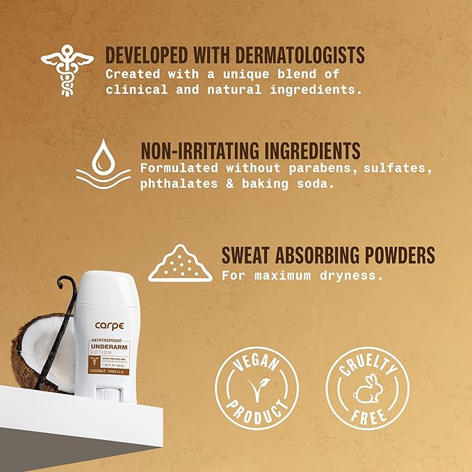 Carpe Underarm Antiperspirant Deodorant Advanced Sweat & Odor Protection Formula - Antiperspirant for Women & Men Helps to Combat Excessive Sweating with Odor Control - Coconut Vanilla