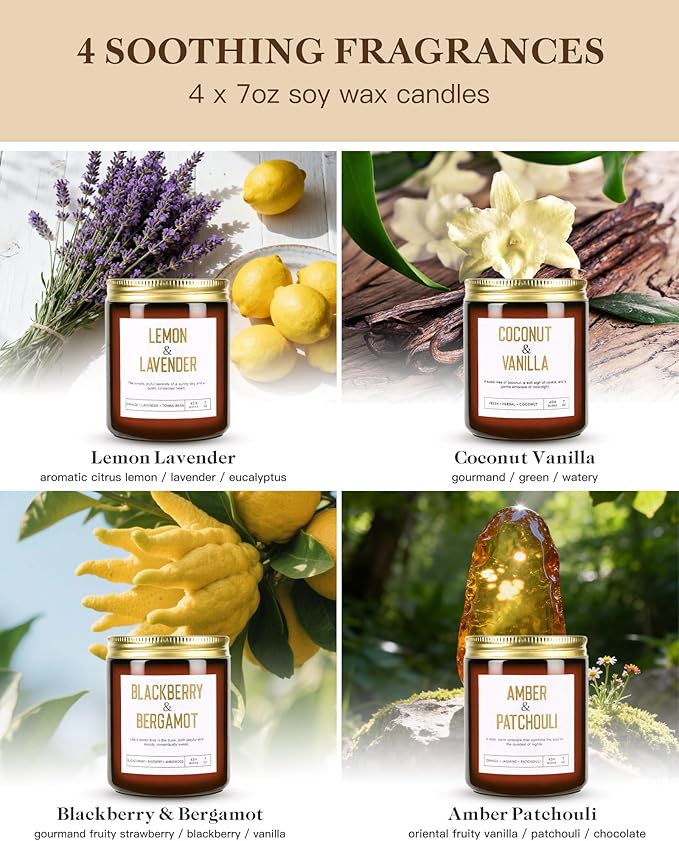 28oz Wood Wick Candles That Crackle: 4 Pack Scented Candles for Home Scented, Aromatherapy Candle Set with Crackling Wooden Wick Up to 200H Burning Candle Gift Set for Birthday Thanksgiving Christmas
