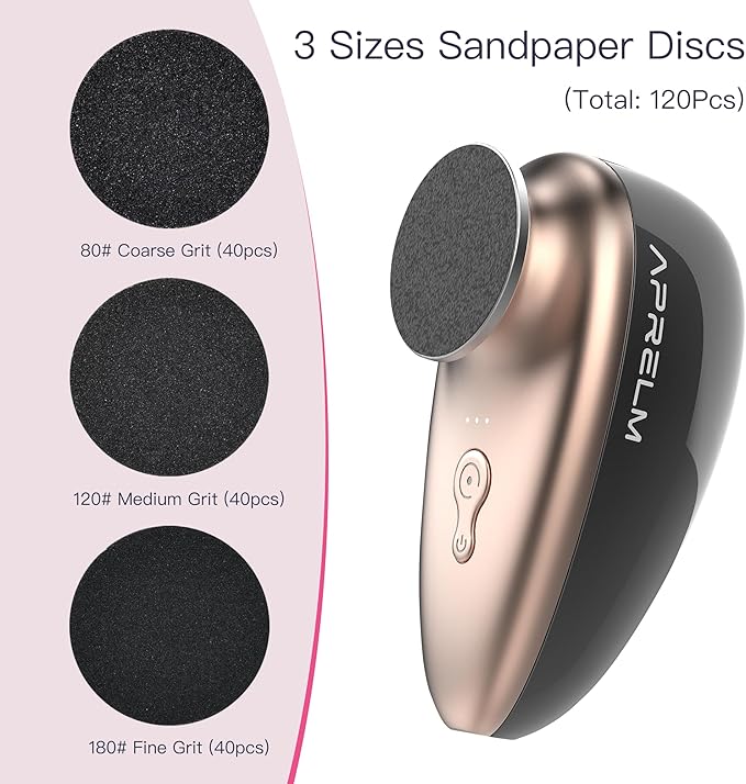 AprElm-E5 Rechargeable Electric Foot Callus Remover with 3-Sizes 120Pcs Sandpapers, Professional 1000RPM Electric Foot File with Organizer, Pedicure Tools Gifts for Women Men (Black-Gold)