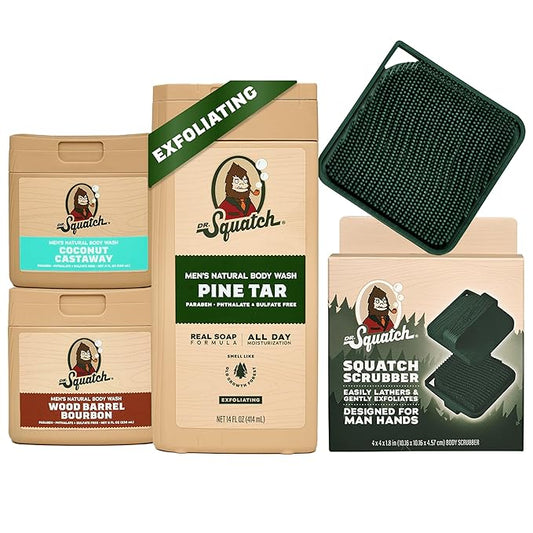 Dr. Squatch NEW Body Wash for Men with Nourishing, Natural Ingredients | No Paraben, Phthalate, Sulfate | Pine Tar (14 oz), Coconut Castaway & Wood Barrel Bourbon (8 oz, 2-Pack) & Body Scrubber