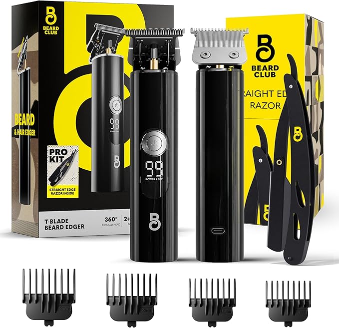 The Beard Club Professional T-Blade Beard Trimmer for Men with Straight Razor - Barber Electric Shaver & Hair Clippers for Men – Zero Gapped Cordless Hair Trimmer & Edger, Line Up Grooming Kit