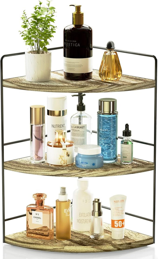 ZGO 3-Tier Bathroom Organizer - Countertop & Corner Organizer, Makeup & Skincare Storage, Kitchen Counter Shelf - Wood